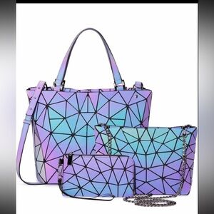 NWOT 6 PC Geometric Purple Women's Pocketbook Wallet + Bag Set